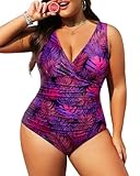 Aqua Eve Women Plus Size One Piece Swimsuits Tummy Control Bathing Suits V Neck Ruched Swimwear Purple Leaves 20W