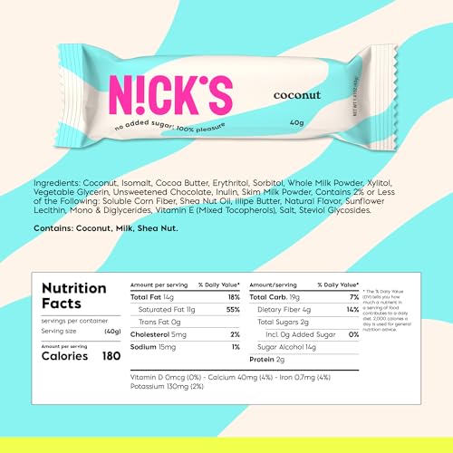 Image of N!CK'S Coconut Keto Chocolate Candy Bars No Added Sugar, Gluten Free Sweets Low carb Candy Snack Bar - 15-Pack (40g Each)