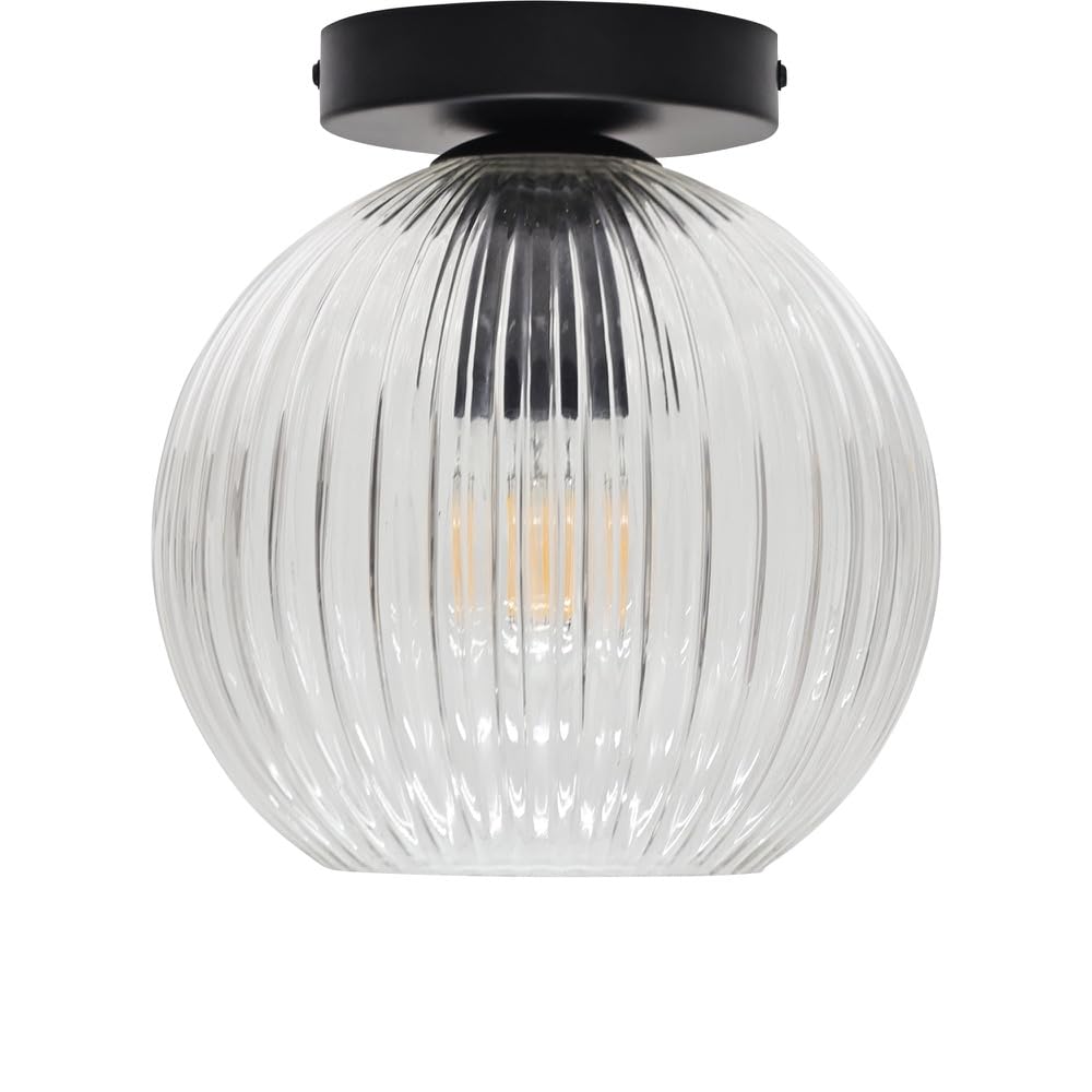 firstchoicelighting Ribbed Glass Globe Ceiling Light Flush Fitting with Black Detail, Modern Low Lighting