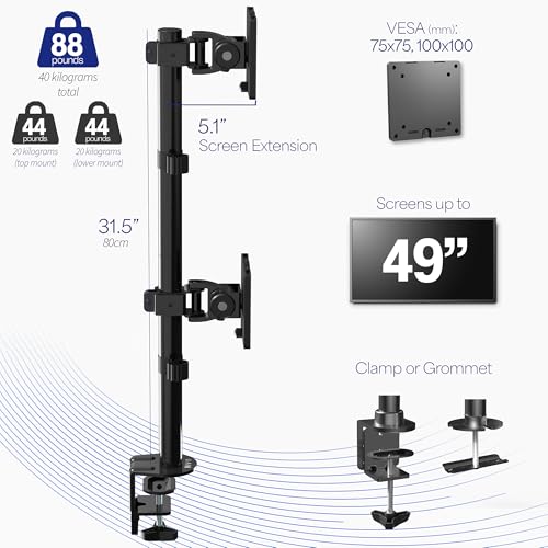 Image of VIVO Dual Vertically Stacked Ultra-Wide Monitor Desk Mount for up to 49 inch Ultrawide Screens, Extra Tall Heavy Duty Adjustable Stand Holds 44 lbs Per Screen, Black, STAND-V202R