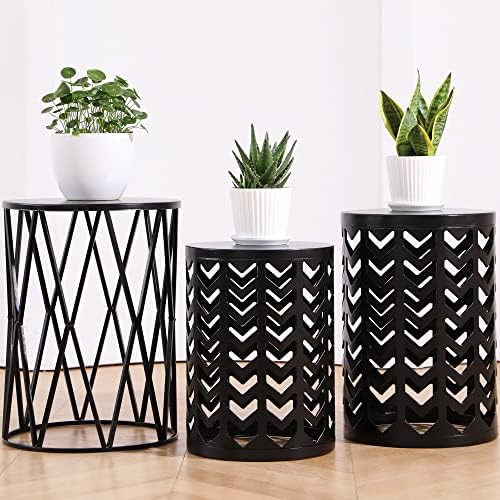 HFHOME Multifunctional Nesting Round Metal Coffee End Tables, Set of 3 Modern Furniture Nightstands Decor Side Tables Plant Stand for Home Office Indoor Garden Outdoor- Pure Black