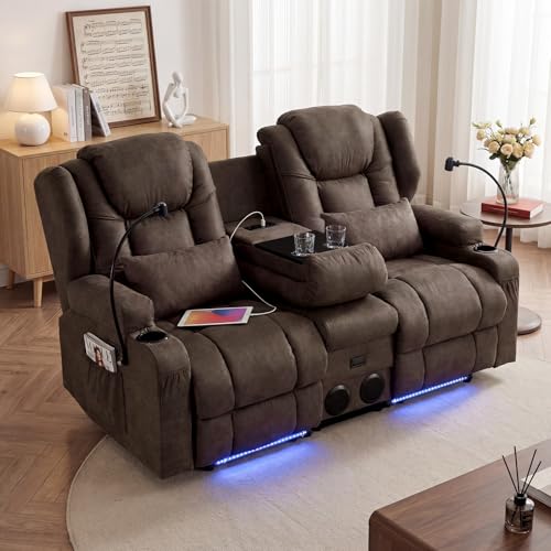 Image of Redlife Power Loveseat Recliner Sofa with Console, Leathaire Farbic Dual Reclining Couch with Blue LED Lights, Bluetooth Speakers, USB Ports, Phone Holders, Home Theater & RV Recliner (Coffee Brown)