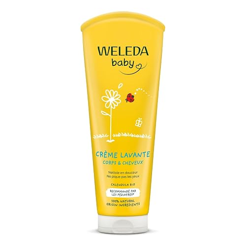 WELEDA Bio Calendula Baby Waschlotion & Shampoo - veganes Naturkosmetik Duschgel zur Hautpflege / Haarpflege bei Neugeborenen. Babypflege Dusche für empfindliche Haut, mild zu den Augen (1x 200ml)