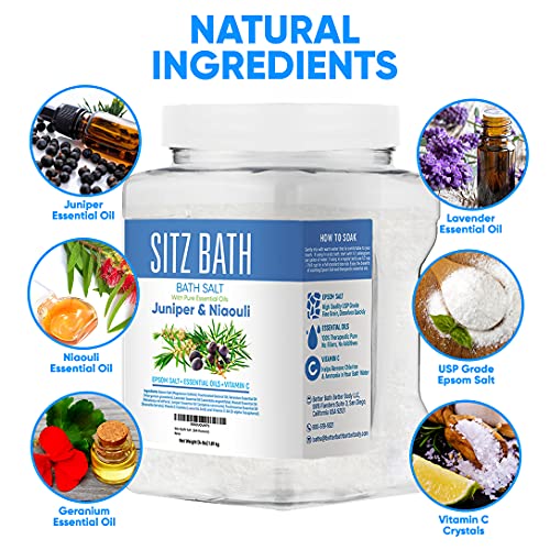 Sitz Bath Soak 64 Ounces Epsom Salt with Natural Pure Geranium, Frankincense, Lavender, and Niaouli Essential Oils Plus Vitamin C Now Available in 4 Pounds Jar