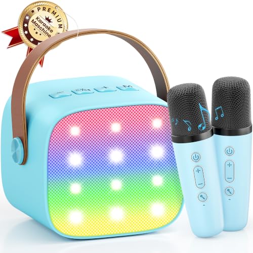 Karaoke Maschine mit 2 Mikrofonen, [Premiumversion] Wowstar Tragbares Bluetooth Karaoke Maschine Musikinstrumente Equipment für Kinder Erwachsene mit & LED-Lichter Jungen Mädchen Geschenke (Blau)