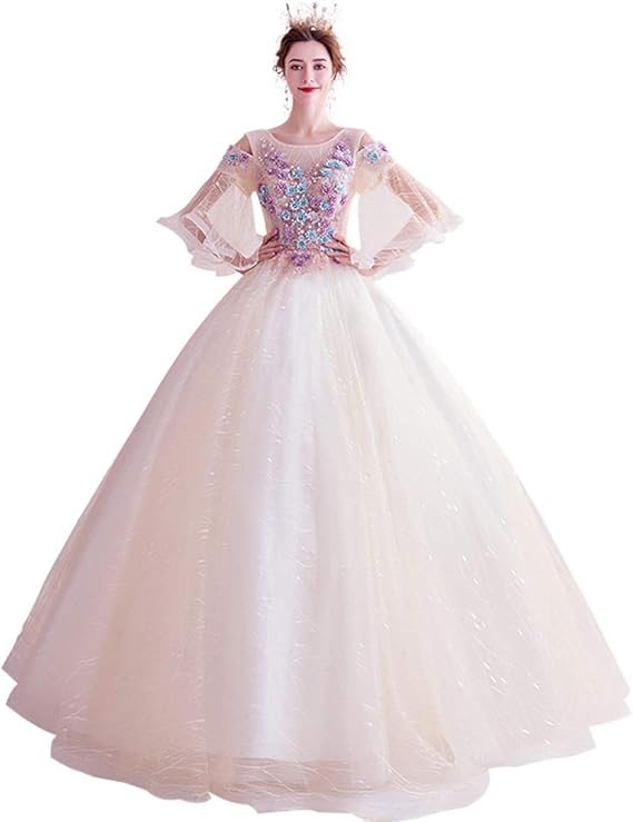 Amazon Hanamaya パーティードレス 花付き 可愛い ロングドレス レース マキシ丈 ドレス ふんわり 袖あり カラードレス ワンピース 花嫁 ウェディングドレス 姫系 結婚式 披露宴 発表会 二次会 舞台衣装 フォーマル イブニングドレス 撮影用 イブニングドレス 通販