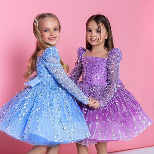 Sequin Flower Girl Dresses 2025 Sparkly Short Pageant Dress Long Sleeves Birthday Party Dress with Bow3