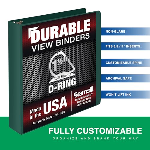 Image of Samsill Durable 1.5 Inch Binder, D Ring Binder, Customizable Clear View Cover, Forest Green, Holds 350 Pages