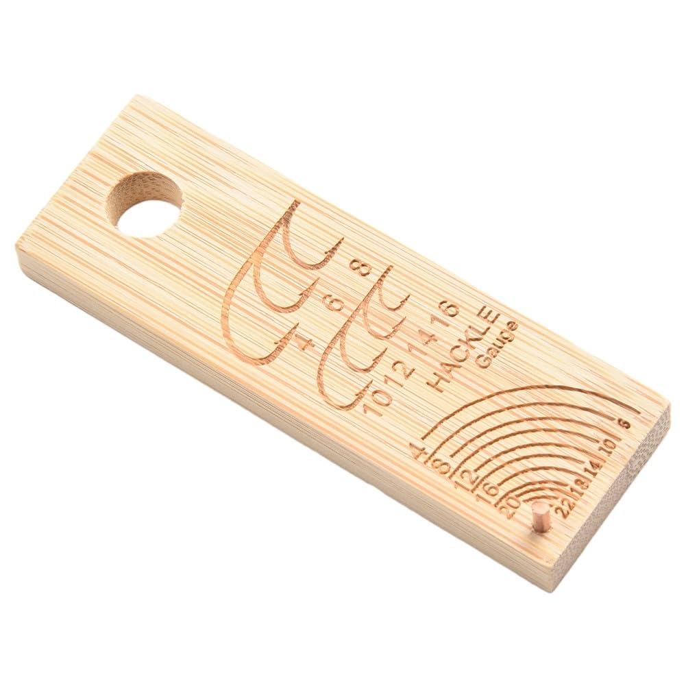 Calibro per pesca a mosca, strumento di misurazione per ami di dimensioni 4-16 e hackle misure 4-22, accessorio da pesca in legno con design girevole, 76 x 25 mm