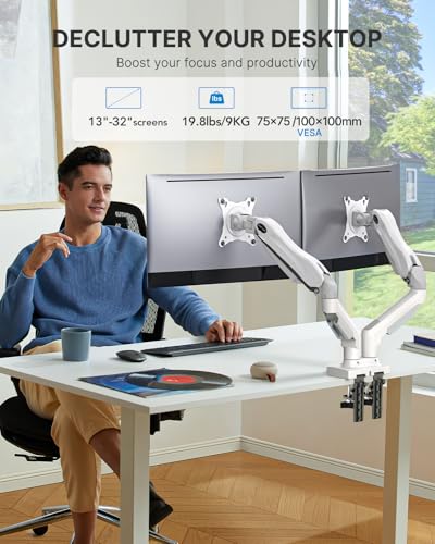 undefined HUANUO Dual Monitor Stand - Full Adjustable Monitor Desk Mount Swivel Vesa Bracket with C Clamp, Grommet Mounting Base for 13 to 32 Inch Computer Screens - Each Arm Holds 4.4 to 19.8lbs - White の商品画像 1