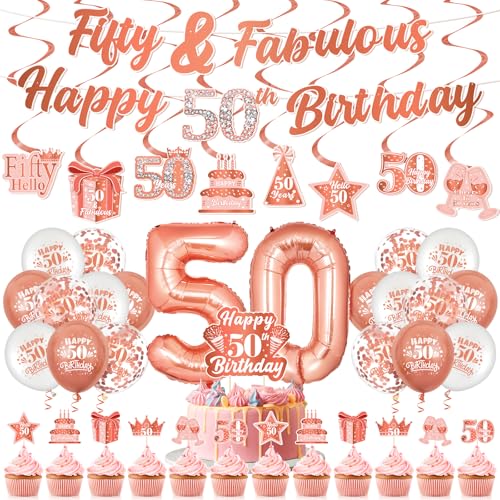 Rose Gold 50th Birthday Decorations for Women, Rose Gold Fifty Fabulous 50th Birthday Banner Hanging Swirls Cupcake Toppers and Balloons for 50 Years Old Party Decor Supplies
