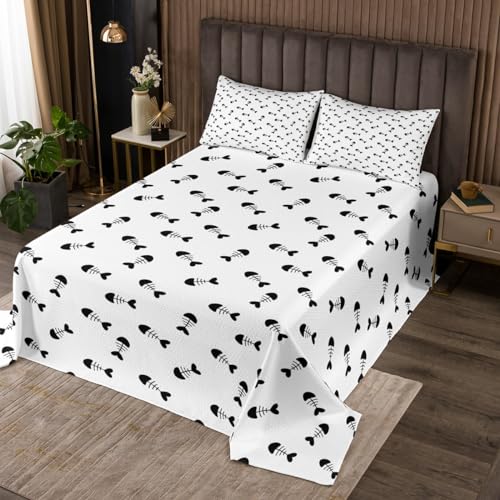 Manfei Cartoon Fish Bone Kids Bedspread King Size,Fishbone Sketch Cute Coverlet Set,Boys Girls Adults Room Decor,Cats Lovely Simple Quilted Coverlet,Black White Chic Bedding Quilt,2 Pillowcases