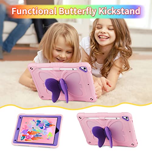 Vunake for iPad 6th 5th Generation Case iPad Air 2 Case with Screen Protector Kickstand Lanyard Keychain for Kids Girls Shockproof Protective Tablet Case for iPad 9.7 inch 2018 2017,Pink Butterfly - Image 3