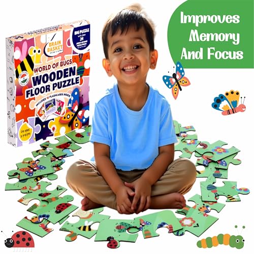 Image of World of Bugs & Insects Floor Puzzle | Wooden Jigsaw Puzzle for Kids | Fun Facts Animal Riddles, Educational Toys, Gifts for Boys & Girls Ages 4+ Years Puzzle and Scrabble Game for Kids