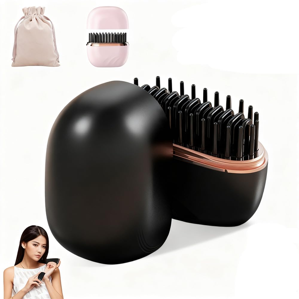 Mini Cordless Hair Straightener, Portable 2-in-1 Heated Comb & Iron, Copper Heating Plates for Smooth Styling, USB-C Rechargeable, Lightweight and Portable, Travel-Friendly Styling Tool (Black)