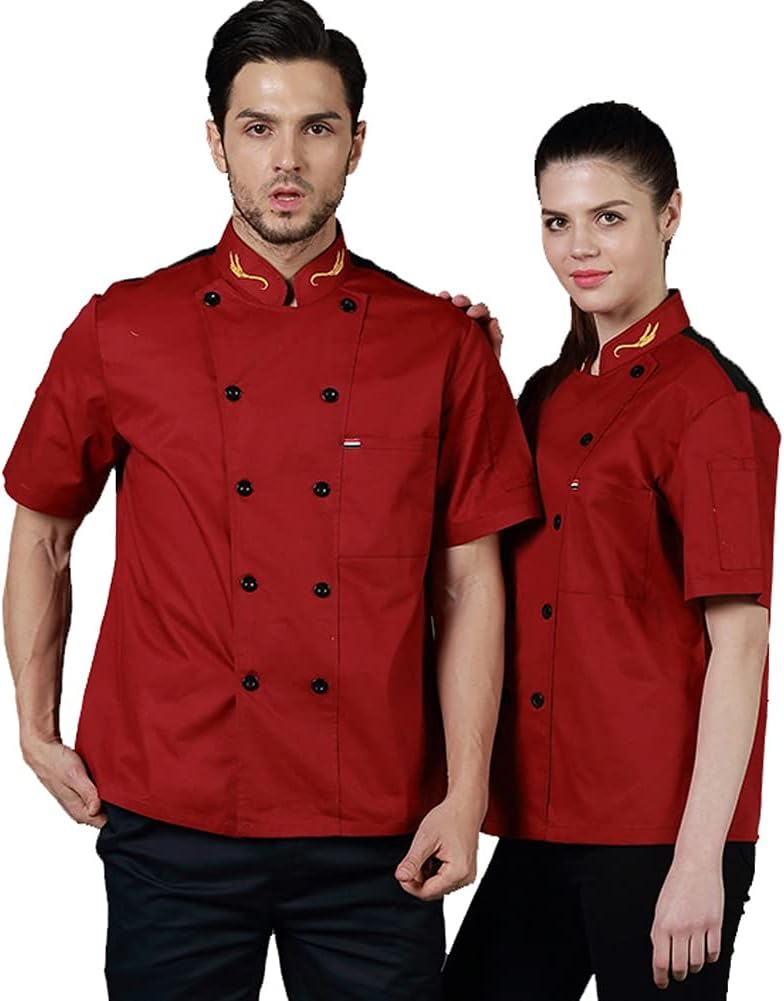 Chef Coat, Short Sleeve Chef Coat Uniform Unisex Double Breasted Stand Collar Professional Chef Jacket For Cooks Restaurant Staff Waiters(Red_D(2XL))