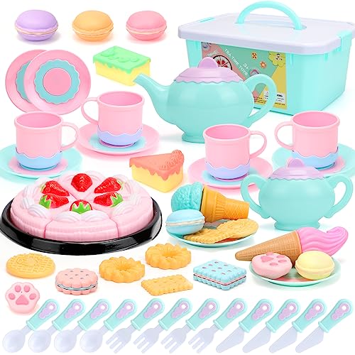 Toys Tea Set 52 Pieces Party Play Food for Kids,Princess Tea Time Toy Set Including Dessert,Cookies,Tea Party Accessories Toy for Toddlers,Boys Girls