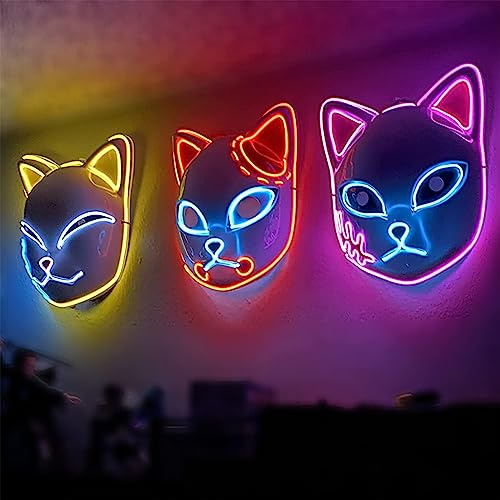 ZZXIAOJIE 3Pcs Demon LED Sabito Mask Costume Props Japanese Anime Plastic Fox Face Glowing Masks for Adult Masquerade