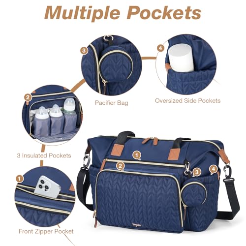 Image of Diaper Bag Tote, Large Baby Hospital Bag for Labor Delivery Mom | Travel Diaper Tote with Changing Pad, Pacifier Case, Insulated Pockets, Luggage Sleeve, Shoulder Strap, Dark Blue