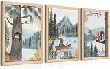 Framed Cute Animals Wall Art Set of 3, Woodland Bear Canoe Adventure Nursery Decor, Owl Squirrel Kids Room Pictures Prints, Wild Animals Canvas Wall Decor for Baby Room Decor &ndash; 12x16 inch