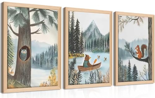 Framed Cute Animals Wall Art Set of 3, Woodland Bear