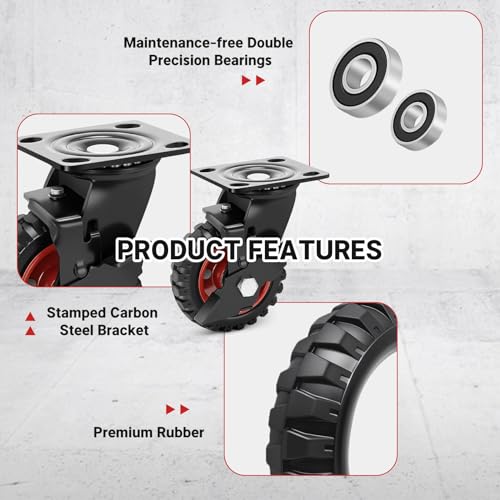 Humagineer 5 Inch Outdoor Heavy Duty Casters Wheels Set of 4, Sturdy Large Rubber Casters with Brake, Industrial Grade Plate Swivel Castors 1080 LBS with Knobby Tread for Workbench, Cart, Chicken Coop by Humagineer - Image 5