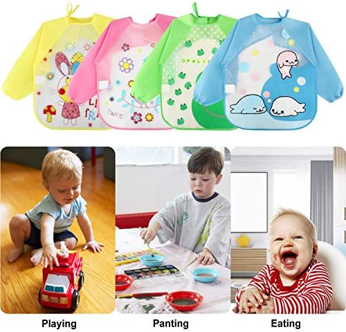 Baby Bibs 4 Pcs Unisex Feeding Bib Waterproof Long Sleeves Toddler Apron Weaning Bibs for 6 Months to 3 Years Old