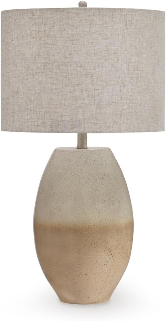 Signature Design by Ashley Linas 28" Farmhouse Table Lamp, Cream Beige | Shapely metal base with cotton drum shade, 3-way dimmable rustic lighting for living rooms
