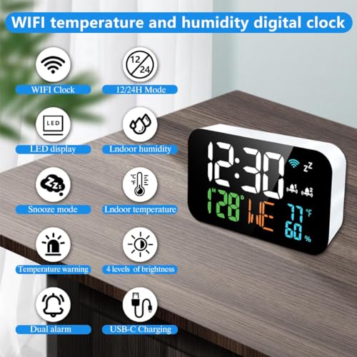 Digital Clock Alarm Clock WiFi Clock with Temperature Humidity,Calendar,Week,Accurate time,Snooze,12/24 H,Clock for Living Room,Office,Adults,4 Level of Brightness,Bedroom Clock White - Image 4