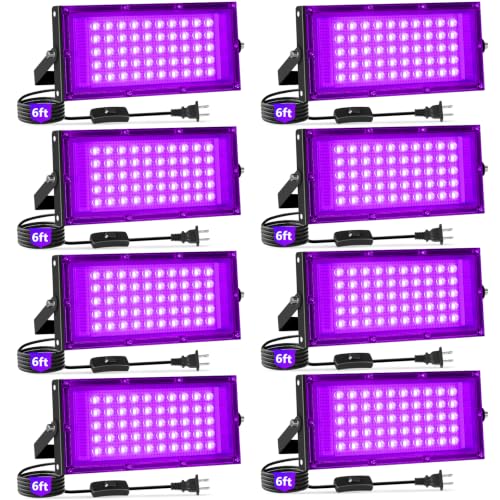 Image of 50W LED Black Lights with Switch+Plug, IP66 Waterproof, 8 Pack | Blacklight Flood Light for Halloween, Neon Glow Party Supply, Bedroom, Fluorescent Poster, Body Paint, Outdoor