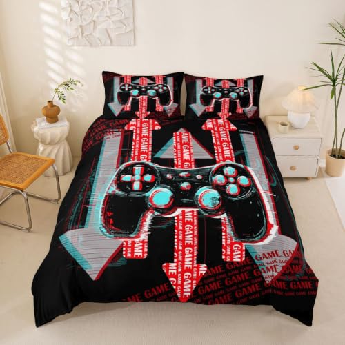 Teen Boys Video Games Duvet Cover Set,Kids Gamer Printed Comforter Cover Gaming Controller Pattern Design,Young Man Game Room Decorative 2 Piece Bedding Set with 1 Pillow Sham,Twin Size,Black Red