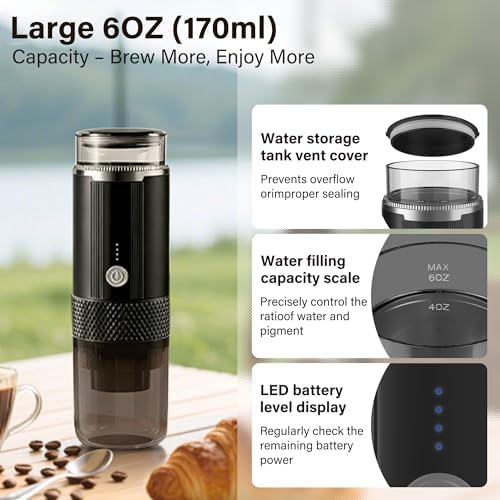 Aromilo Portable Travel Coffee Maker, 3-in-1 Camping Coffee Machine with USB-C for Travel Car,Cordless Battery Powered,Rechargable,Compatible with Ground Coffee,Capsules,Tea, 6OZ Cup,Black,170ml — view 4
