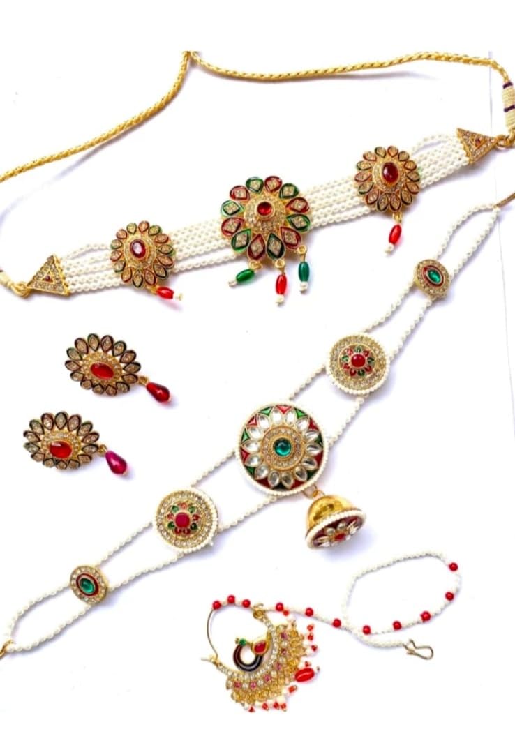 NIKYANKA traditional rajputi multicolor necklace earring nathiya and sheesful with borla in golden color for womens, girls (B0CKQV4DF3) Amazon Price History, Amazon Price Tracker