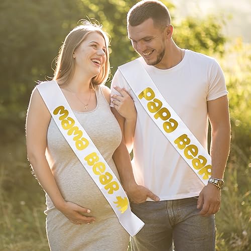 Mama Bear & Papa Bear Baby Shower Sash Bundle - With Cute Bear (White Sashes & Gold Lettering) Girl or Boy Baby Shower Party Decorations Gifts Favors Mom Dad Supplies Gender Reveal Mommy Bear Sash — view 2