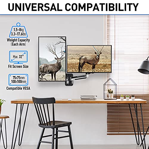 MOUNTUP Dual Monitor Wall Mount for 2 Max 32 Inch Computer Screen, Silver Polished Aluminium Full Motion Gas Spring Double Monitor Arm, VESA Bracket Support 3.3-17.6lbs, Swivel Monitor Stand Holder - Thumbnail 2