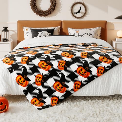 Touchat Halloween Blanket, Fleece Throw Blankets, Buffalo Plaid Throw Blanket for Couch Sofa Bed, Soft Warm Fuzzy Cozy Plush Checkered Blanket, Farmhouse Fall Decor, Black
