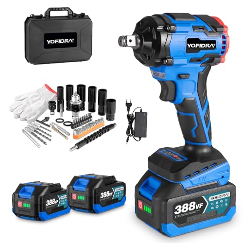 Yofidra Atornillador de impacto inalámbrico (450 Nm, 18 V, sin escobillas, incluye 2 baterías de 3,0 Ah, 1/2 pulgadas, juego de 44 piezas, para cambio de neumáticos y coche)