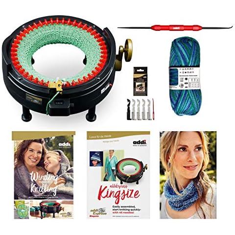 New Improved Version Of addi Express Kingsize Extended Starter Kit With New Improved Mechanical Row Counter. Knitting Machine, 2 Pattern Books, Hook, Replacement Needles, Stopper, Yarn Cover