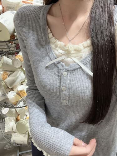 Women Coquette Long Sleeve Shirts Cute Lace Ruffle Bow Tie Cropped Sweater Y2K Fairy Grunge Vintage Y2K Top Baby Tees3