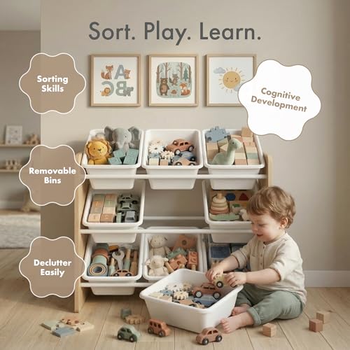 Humble Crew 9-Bin Toy Organizer – Journey Natural Wood with White Plastic Bins, 3-Tier Storage Solution for Kids' Playrooms and Nurseries by Humble Crew - Image 5