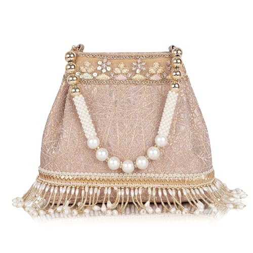 Image of Nevis PU Silk Fabric Women's Embellished Potli Bag with Pearl Handle & Fringe Detailing | Designe Wedding & Festive Handbag