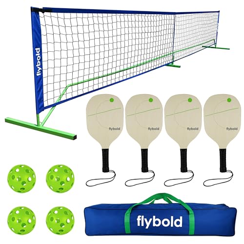 Flybold Juego De Pickleball Con Red, Juego Portátil Con 4 Palas, Equipo De Tamaño De Regulación De Red, Postes De Metal Entrelazados Ligeros Y Resistentes Con Bolsa De Transporte Para Juegos En