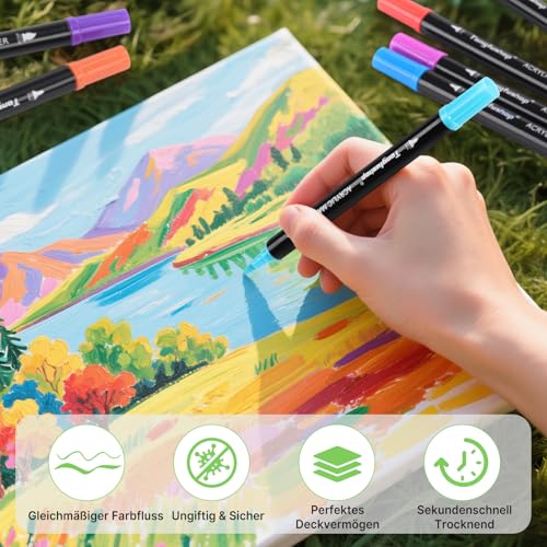 Tongfushop 120 Acrylstifte Set, Doppelspitze (Pinsel & Feinspitze) Acrylmarker, Schnelltrocknend & Deckend Acrylic Marker für Stein, Holz, Leinwand, Glas, Keramik | Ideal für Erwachsene, DIY-Projekte