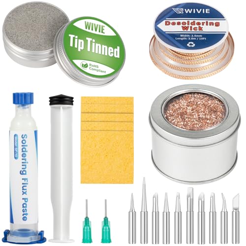 Soldering Tip Cleaning Kit Includes Tip Tinner Brass Wire Solder Wick Cleaning Sponge Solder Flux & Solder Iron Tips By WIVIE
