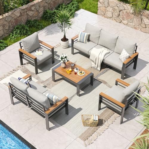 Aoxun Aluminum Patio Furniture Set 7 Seats, Oversized Outdoor Sectional with Washable Thick Cushions, Coffee Table, Patio Conversation Sets for Porch, Balcony, Deck