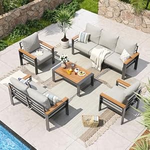 Aoxun Aluminum Patio Furniture Set 7 Seats, Oversized Outdoor Sectional with Washable Thick Cushions, Coffee Table, Patio Conversation Sets for Porch, Balcony, Deck