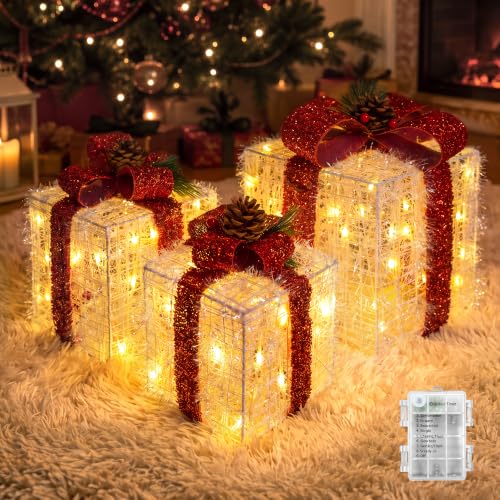Image of Ollny Set of 3 Light Up Gift Boxes, Warm White LED Xmas Decor, Red Bows