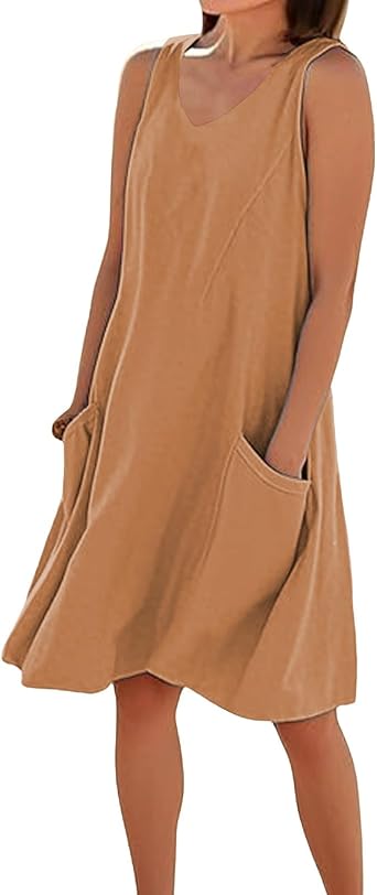 Midi Dresses for Women Summer Cotton Linen Sleeveless Dress Boho Flowy Sundresses Beach Vacation Outfits with Pockets