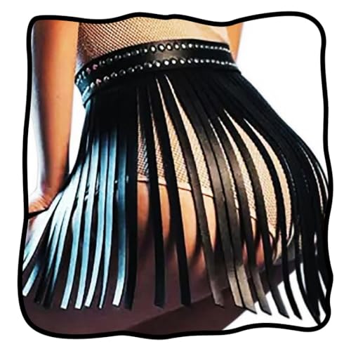 Nicute Black Fringe Belt Tassel Black Leather Skirt Body Harness Gothic Rave Outfits for Women