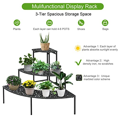 Dosker 3 Tier Plant Stand Flower Pot Rack, Metal Stair-Step Style Corner Shelf Planters, Quarter Round Display Holder For Indoor Outdoor Use(Imitation Marble Grain, Semicircle) #TOP2